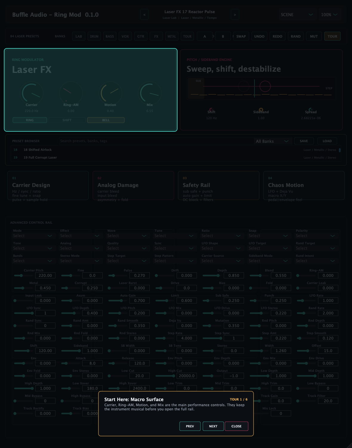 Buffle Audio Ring Mod guided tour overlay explaining the plugin interface.