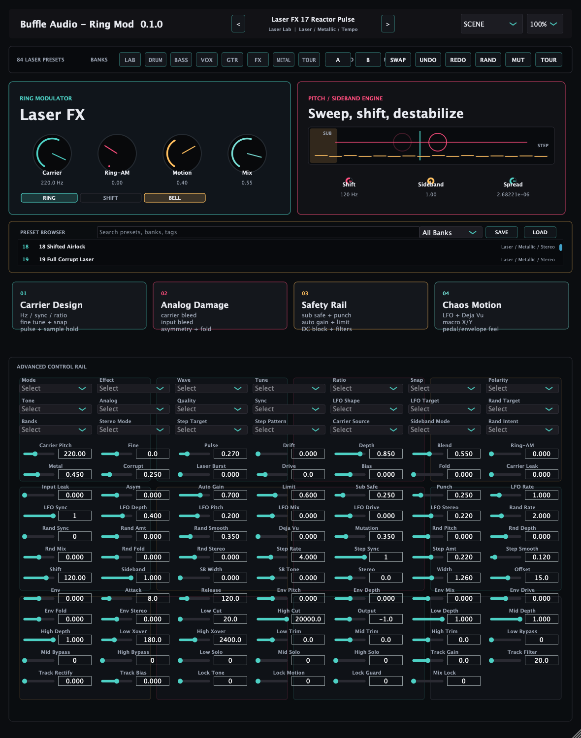 Buffle Audio Ring Mod plugin interface showing Laser FX controls, sideband display, preset browser, and advanced control rail.